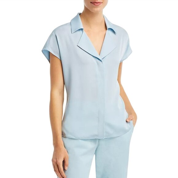 NWT HUGO BOSS Breta Short Sleeve Stretch Silk Blouse Blue Dust 2 Collared Top - Picture 2 of 5